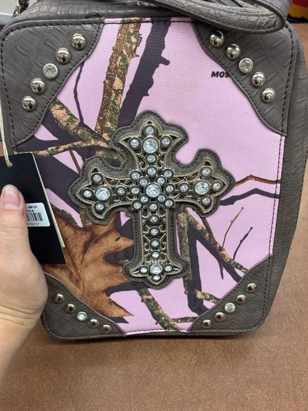 Mossy Oak Pink Camo Cross Studded Crossbody Bag